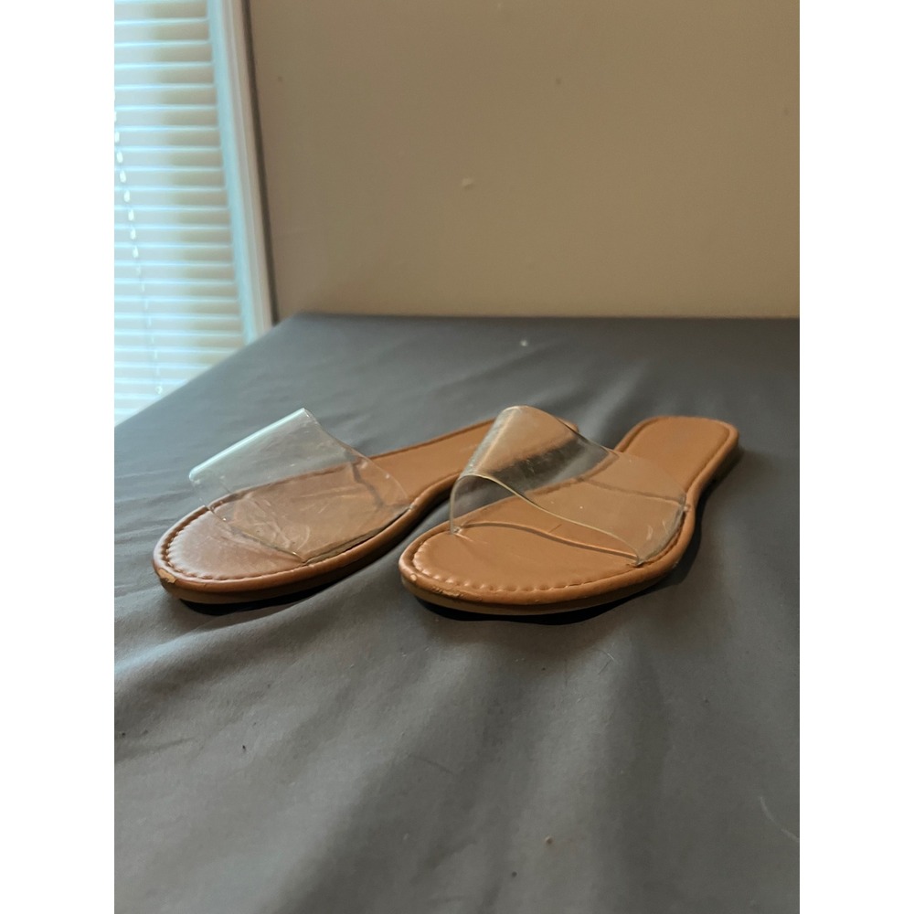 WellsFountn Womens Clear Strap Slide Sandals  Flat Slip On Summer Shoes Size 10